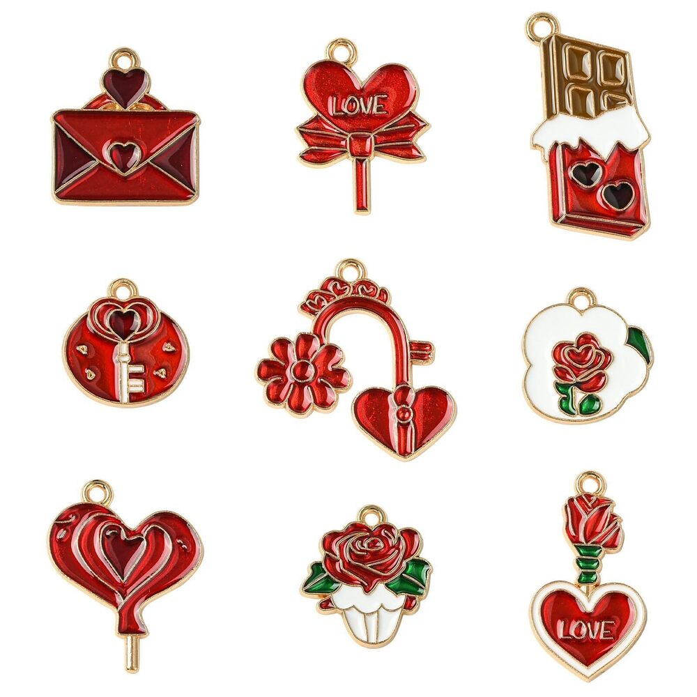 9954 45Pcs 9 Styles Red Chocolate Heart Charms Enamel Valentine's Day